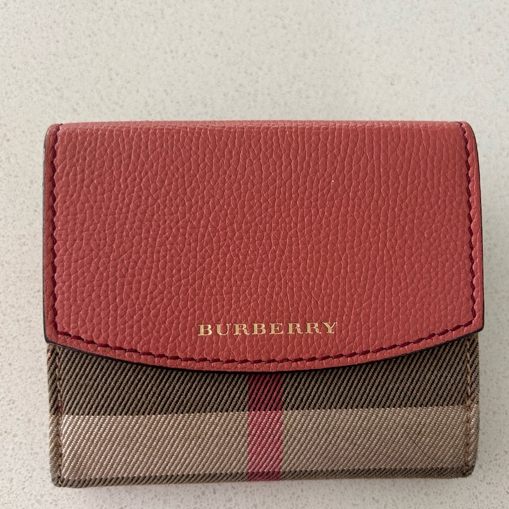 Authentic Burberry check leather / canvas wallet, coral and brown.